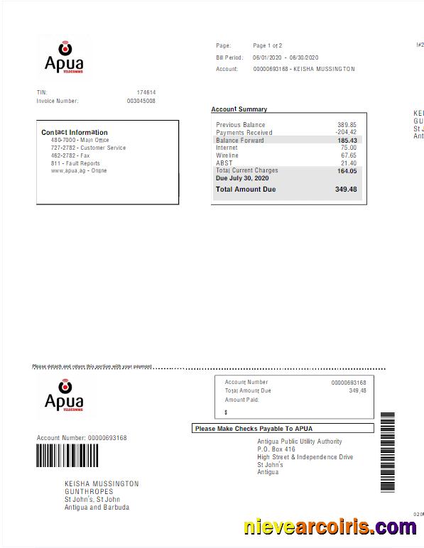 ANTIGUA AND BARBUDA APUA utility bill